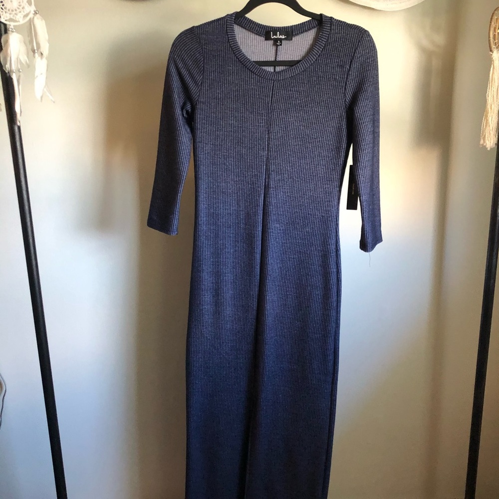 Navy Blue Stripped Ribbed Midi Dress